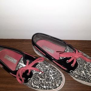 Sperry Womens Dck Shoes With a Little Bling Size 8 Black And White With Red Lace